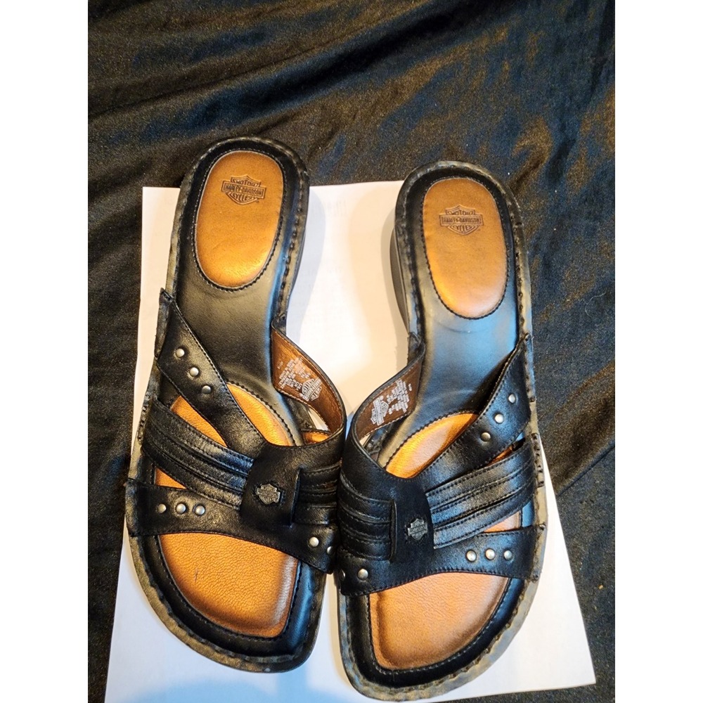 Harley-Davidson Womens Black Leather Studded Slide Sandals 82015 Size 9M